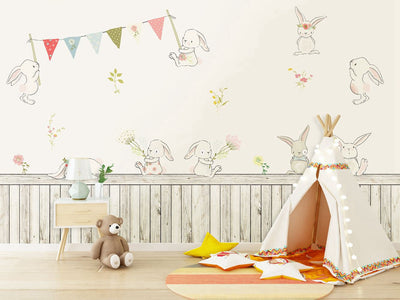 PW20181009035 Kids room with modern nordic animal concise style cartoon rabbit  and wood panels design  by SJK